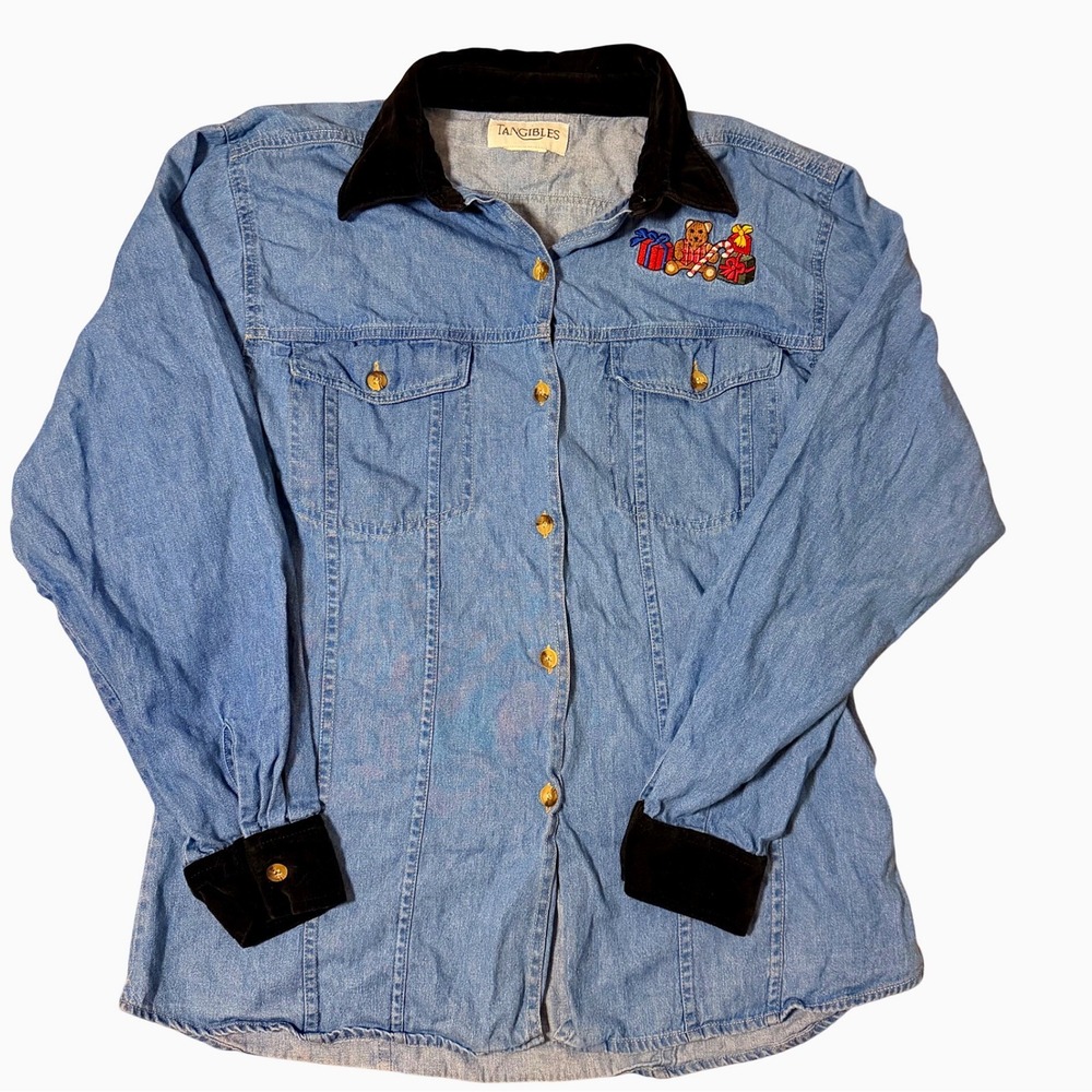 VTG Tangibles 90s Denim Button Down Velvet Accent Holiday Blouse XMAS SZ M